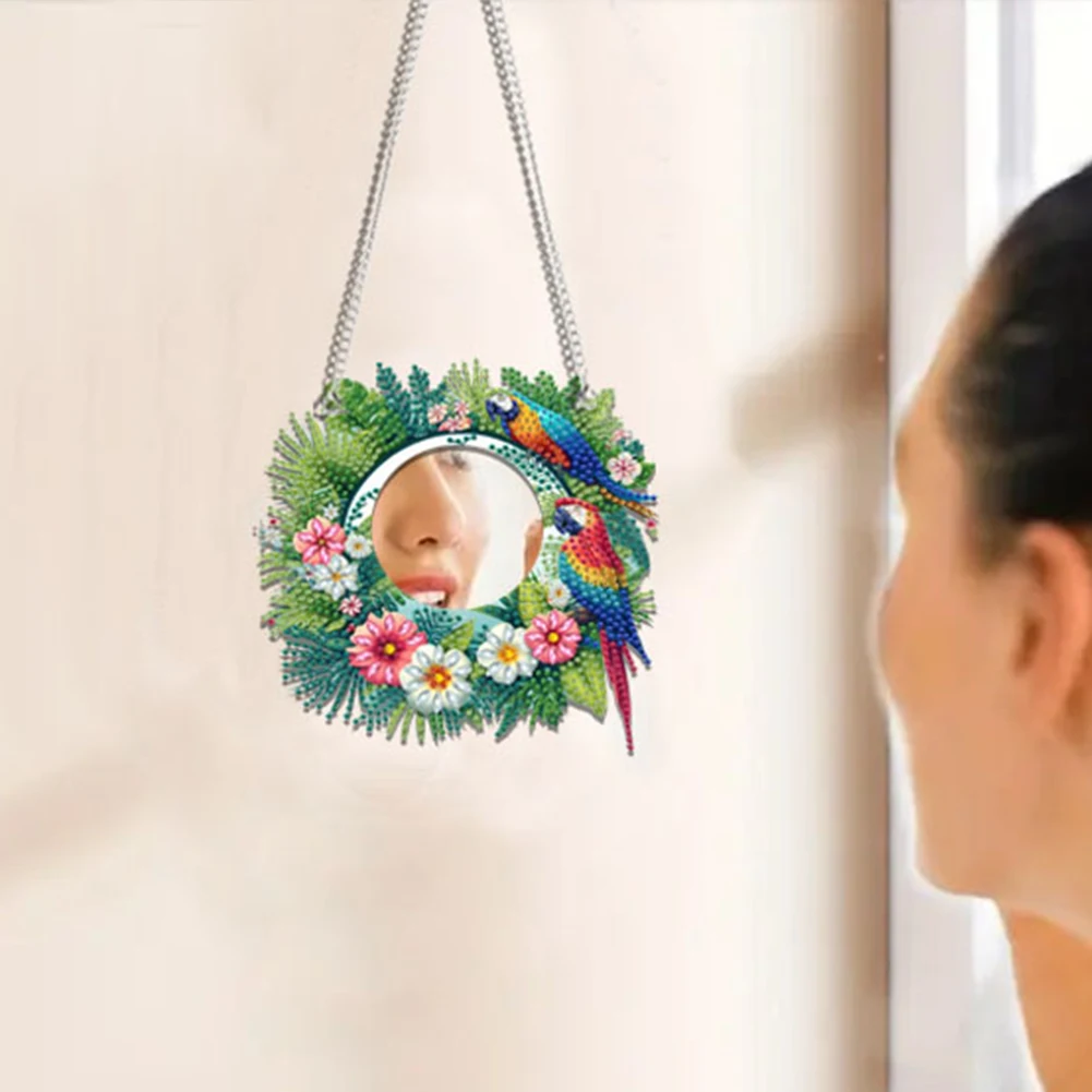 2D Flat DIY Sunflower Parrot Hanging Mirror Diamond Art Kits Wall Door Decoratio