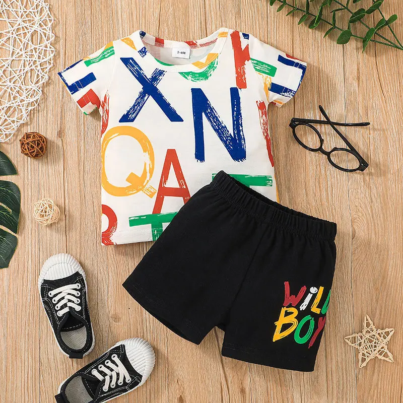 

Summer Letter Print Cotton Tshirt Short Pant 2pcs Baby Set Children Boy Clothes