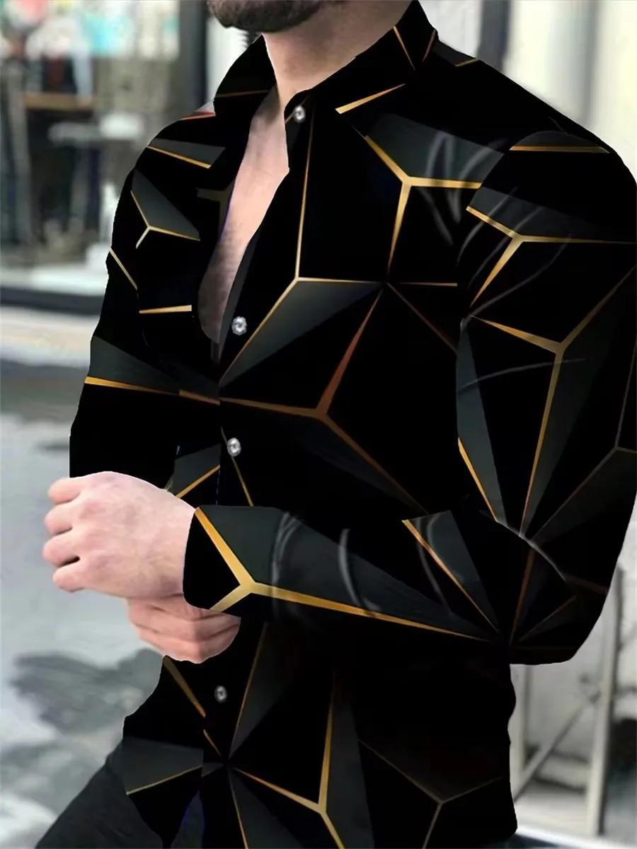 قميص رجالي بأكمام طويلة بتصميم خطوط هندسية باللونين الأسود والذهبي، كارديجان أنيق وعصري من قماش مريح.