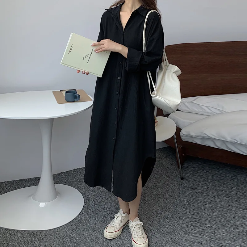 2023 new Long White Shirt Dress for Women Linen Cotton 2023 Spring Summer Casual Korean Clothing Vintage Oversized Midi Robe