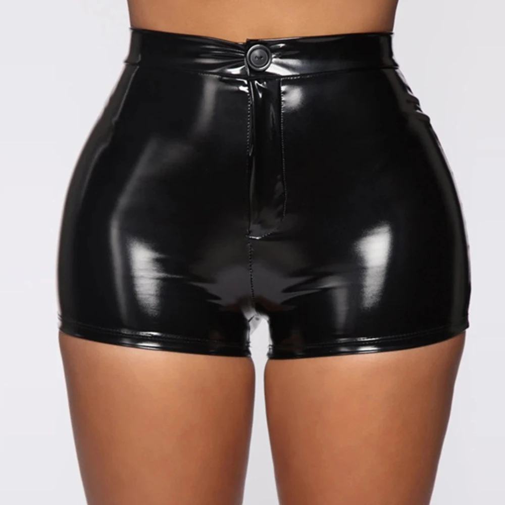 

Women‘s Sexy Nightclub Costumes Skinny Shorts PU Leather Shorts High-Waist Solid Button Black Shorts Summer Wet Look Leather