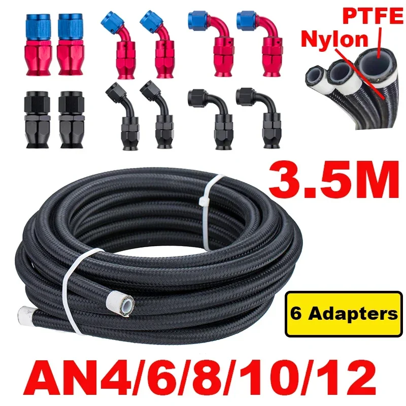 

11.5FT 3.5M AN4 AN6 AN8 AN10 AN12 E85 Tube Nylon Stainless Steel Braided PTFE Black Fuel Line Fitting Kit 6pcs Swivel Hose Ends