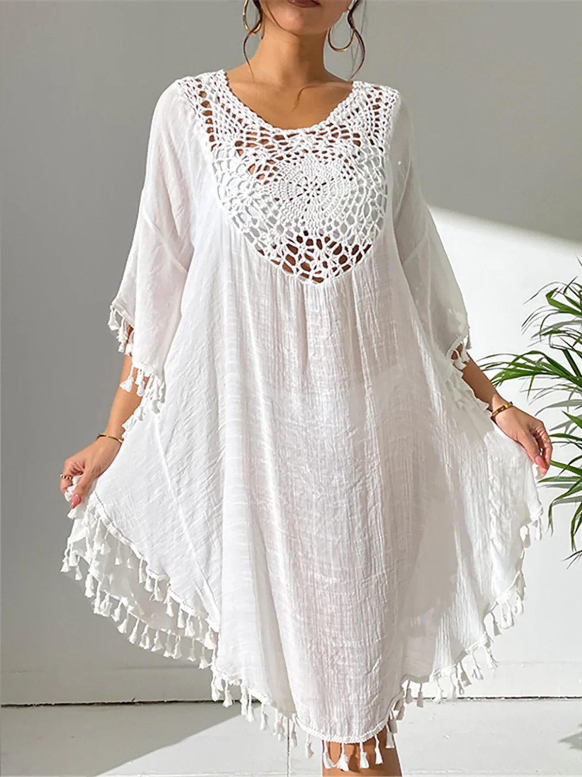 New Fringe Tassel Embroidery Half Sleeve Tunic Beach Cover Up Cover-ups Long Beach Dress Beach Wear Beachwear Female Women K5328 3