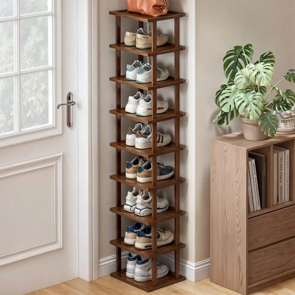 9Layer Tall Narrow Bamboo Shoe Rack, Vertical Organizer For Small Spaces, Ideal For Entryway Closet Corner Doorway, Skinny Space