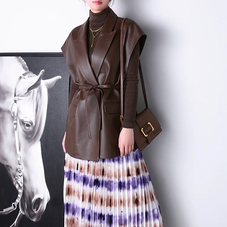 2022 Autumn and Winter New Women Belt Thin Casual Vest Mid-Length Genuine Sheepskin Leather Jacket E18