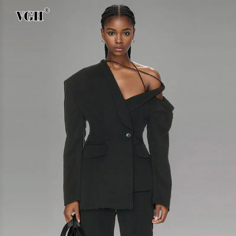 

VGH Solid Asymmetrical Backless Blazers For Women Diagonal Collar Long Sleeve Spliced Button Minimalist Blazer Female Fashion