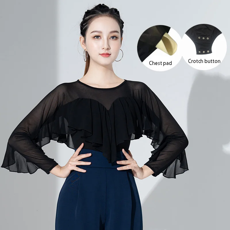 Adult Women Ballroom Costume Modern Latin Dance Top Chest Pad Long-sleeved Chiffon Lady Sexy Mesh Fabric Dancewear girl dance costume