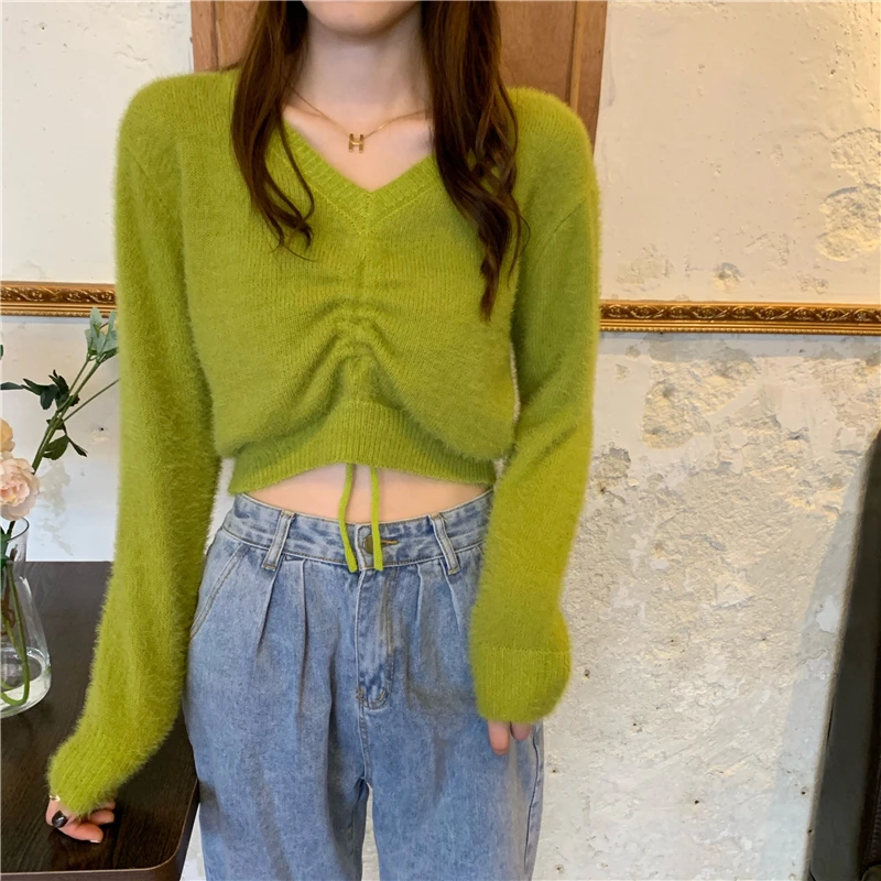 

Woman Sweaters Autumn And Winter Faux Mink Drawstring Soft Short Pullover Sweater Solid Color V Neck Pullover Crop Top Clothing