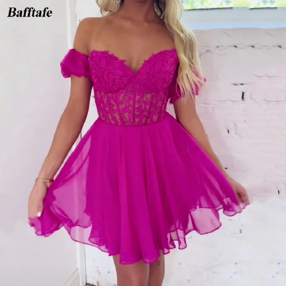 

Bafftafe Fuchsia Mini Prom Dresses Appliques Lace Girls Homecoming Graduation Dress Short Sleeves Formal Celebrity Party Gowns