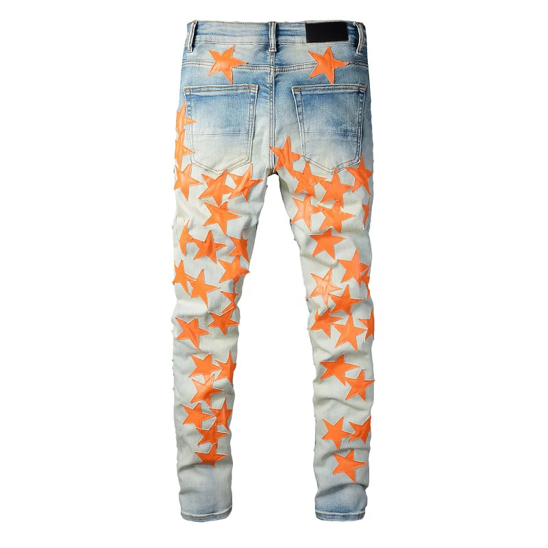 Best Sellers Men\'s Distressed Streetwear Light Blue Denim Pants Yellow Stars Patchwork Moustache Holes Ripped Jeans Pants