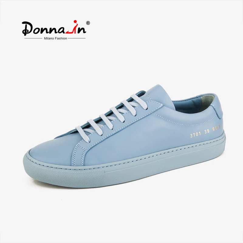 

Donna-in Haze Blue Genuine Leather Sneakers for Women White Flat Shoes 2023 Spring Casual Round Toe Breathable Lace-up Trainers