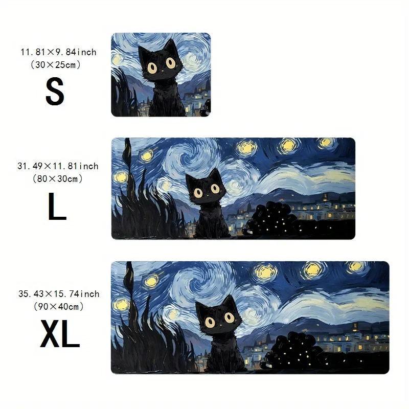 Starry Night mouse pad with cute black cat, study and office use, office accessories, rectangular workstation pad - durable, wat 6