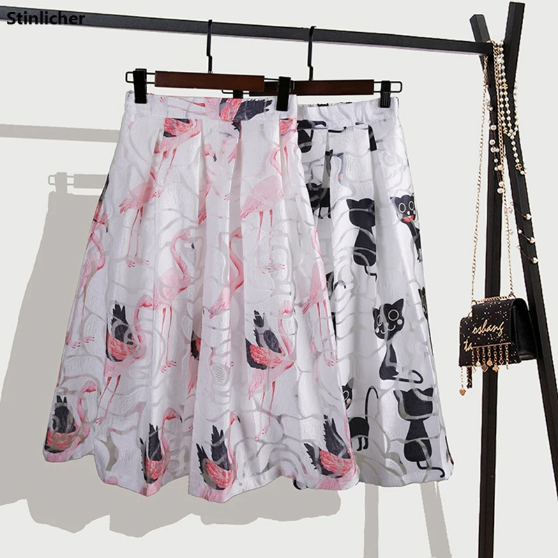 

Flower Jacquard Umbrella Skirts Women Elastic High Waist Striped Silver Silk Mesh Skirt Korean Fashion Ladies Work Midi Skirts