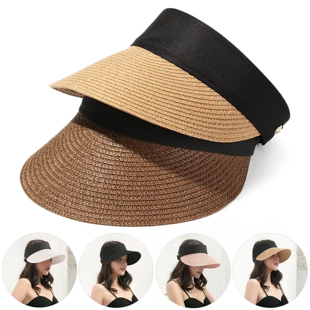 Fashion Casual Straw Cap Visors Summer Empty Top Suncap Portable Foldable Magic Tape Roll-up Beach Hat Wide Brim Women Sun Hat 1