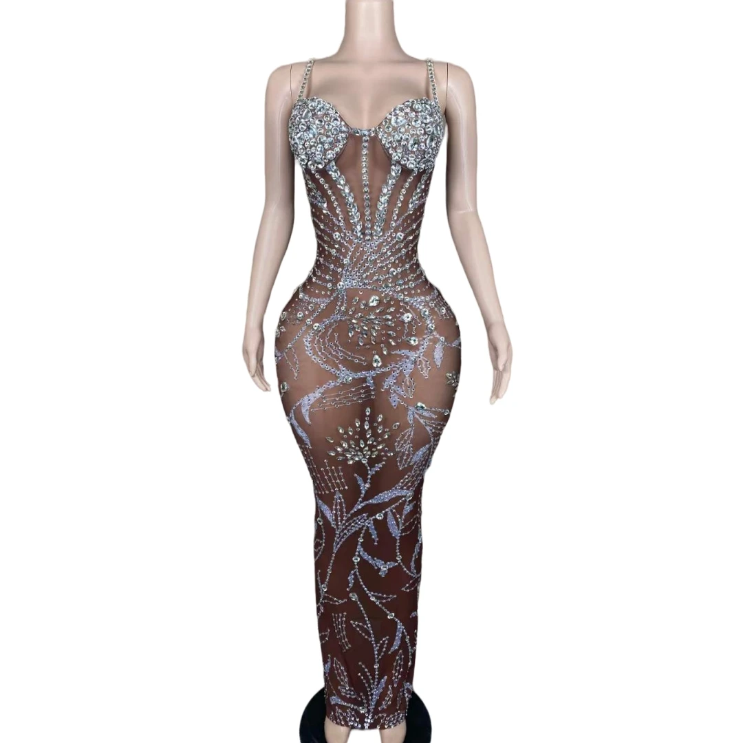 

Stunning Crystals Mesh Stretch Dress Women Party Birthday Queen Backless Sexy Drag Costume Rave Festival Evening Prom Dresses
