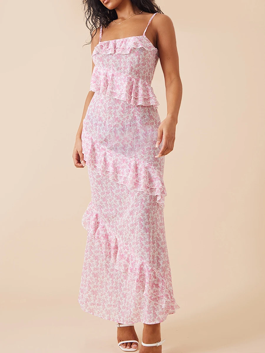 

Women Sexy Ruffle Sheer Mesh Dress Halter Neck Ruched Fringed Floral Dress Backless Bodycon Split Club Tube Chiffon Dress