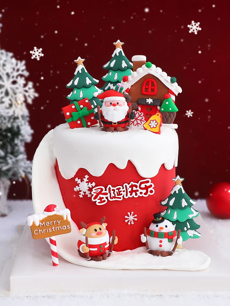 Santa Claus gift box Train Tree Merry Christmas Cake Toppers Happy New Year  Decorations Party Baking Supplies