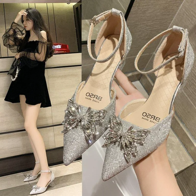 

Sandals for Women Party and Weddings Footwear with Medium Heels Ladies Shoes Silver Summer 2023 Pointed Toe Diamond Rhinestones