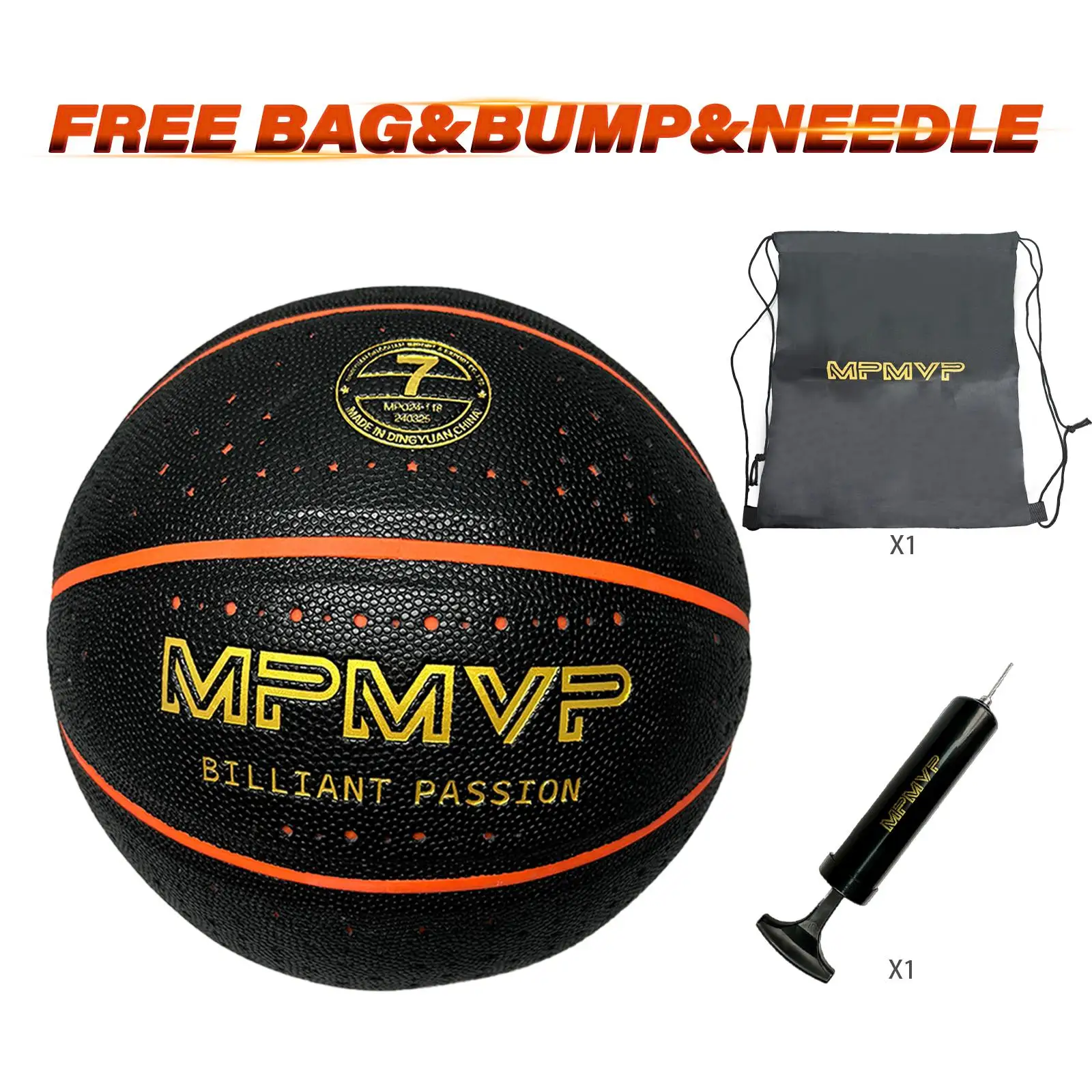 【FREE BAG & BUMP】Rubber Light Up Orange Basketball, Size 7, High Quality
