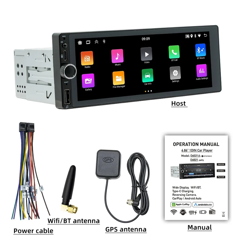 1 Din Android GPS Car Radio Wireless CarPlay Android-Auto Wifi Bluetooth Handsfree FM RDS USB 6.86