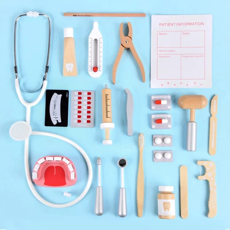 Wooden Pretend Play Doctor Educational Toys for Children Simulation Dentist Check Brush Teeth Medicine Set Role Playing Games 2