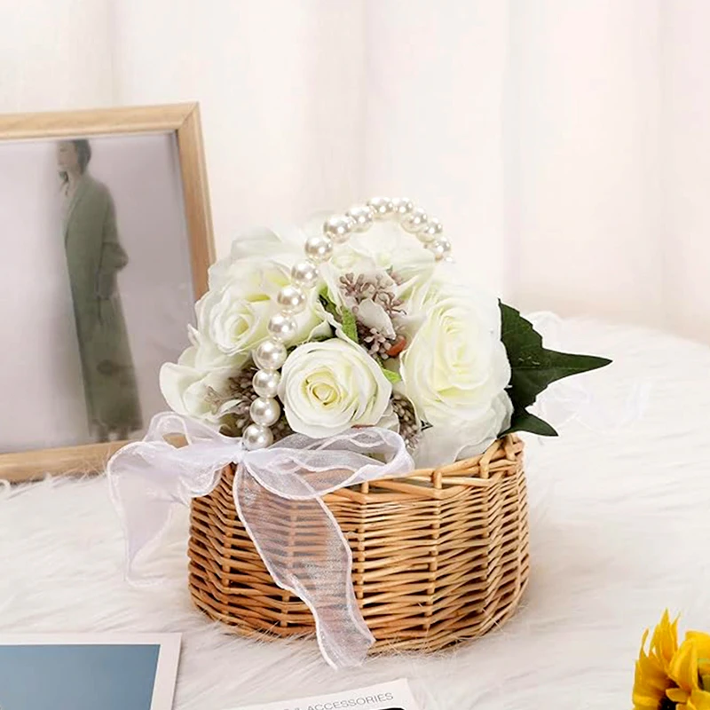 Wicker Rattan Flower Child Basket With Pearl Handle And Bow Hand Woven Easter Basket Wicker Basket Wedding Party Home Decoration 3