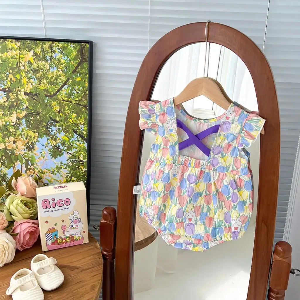 

Ins Summer Newborn Girls Rompers Cotton Sleeveless Criss-cross Floral Printed Thin Baby Girls Bodysuit Infant Girls Outfits