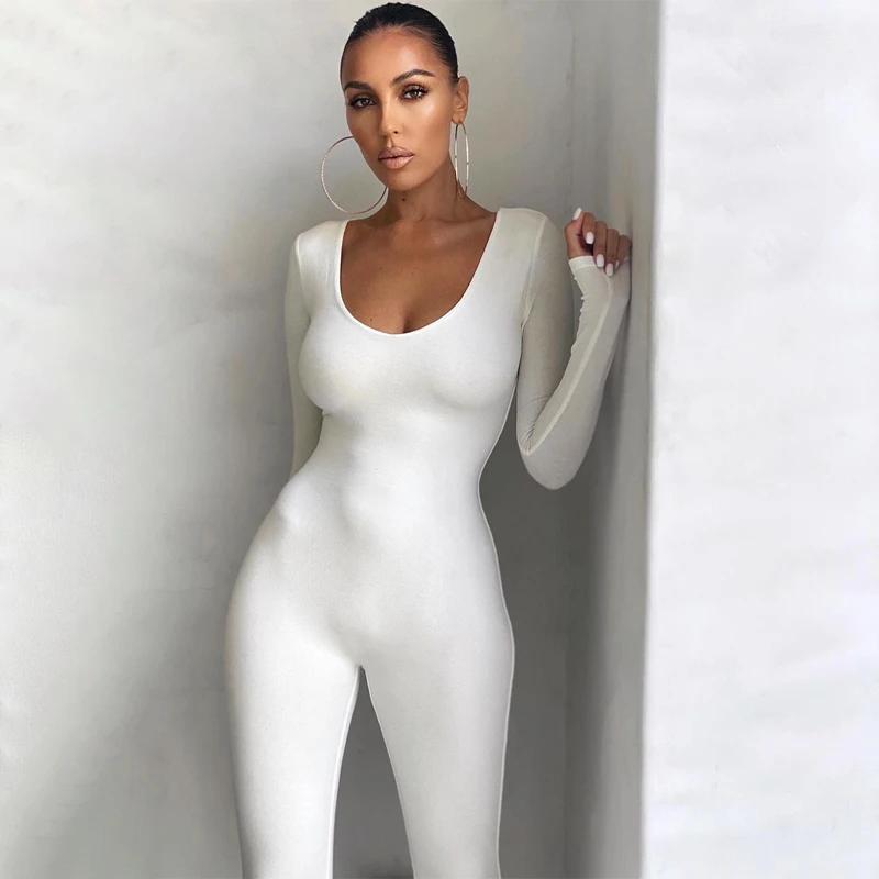 

Women's Slim Bodycon Jumpsuit Long Sleeve Hip-lifting Siamese Trousers with Low Neckline Sports Suit Bodysuit for Party Travel