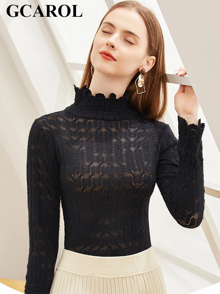 

GCAROL Women High Half Collar Lace Basic Full Sleeve Shirt Thickened Autumn Winter Warm Plush Underwear Vintage Top Pullover