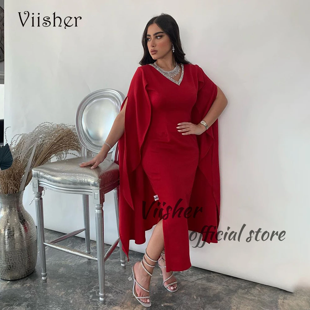 

Red Mermaid Evening Dresses with Cape Beaded Satin V Neck Arabian Dubai Prom Party Dress Tea Length Wedding Party Gowns