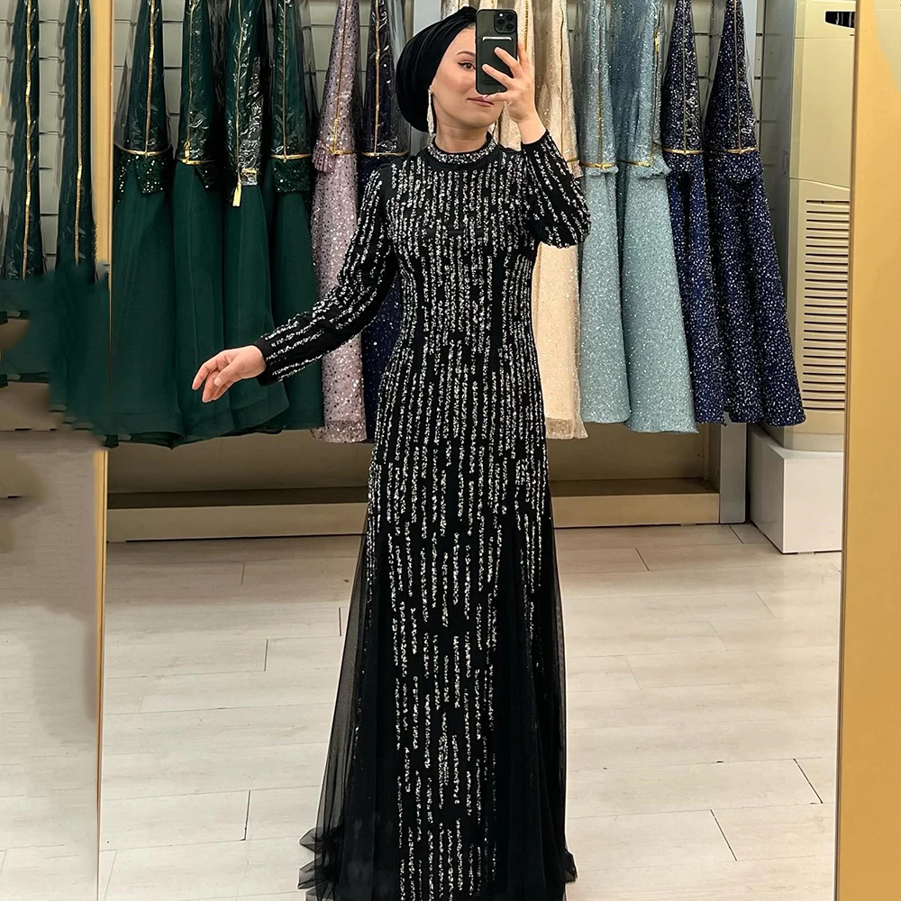 

Charming Prom Gown Long Sleeve Sparkly Stylish Middle Eastern Dress Floor-Length High Evening Dresses فساتين السهرة 2023 جديده