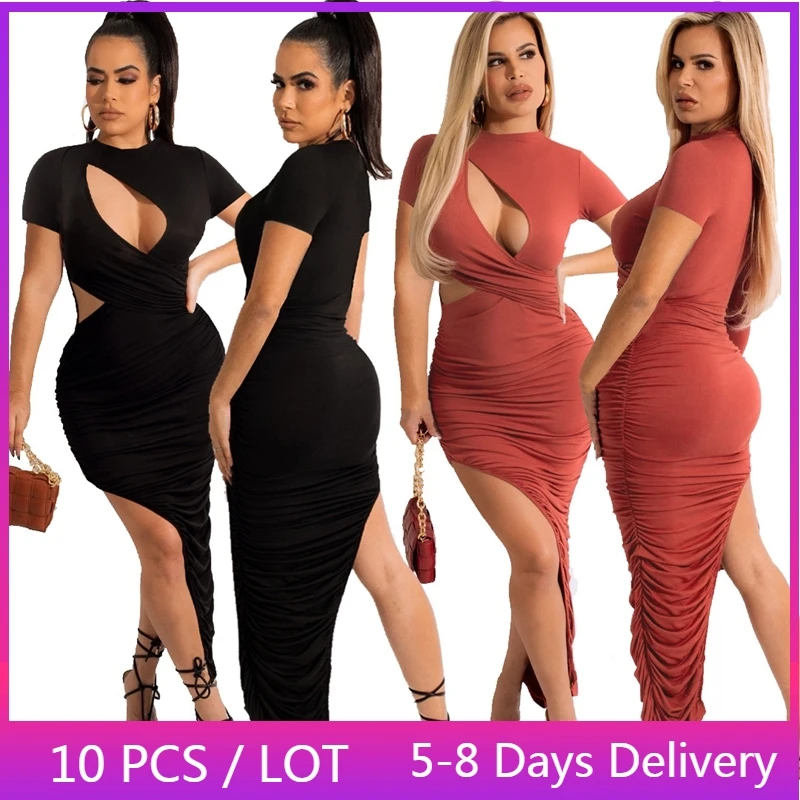 

Wholesale Items Summer Folds Maxi Dresses for Women Clubwear Hollow Out Asymmetrical Sexy Dress Short Sleeve Black Party Dress
