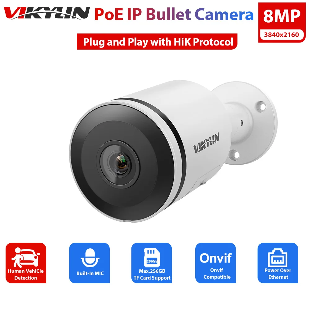 

Vikylin 4K 8MP Security IP Camera for Hikvision Compatible Outdoor Cam IR Two Way Audio Human Vehicle Detection POE Bullet Kamer