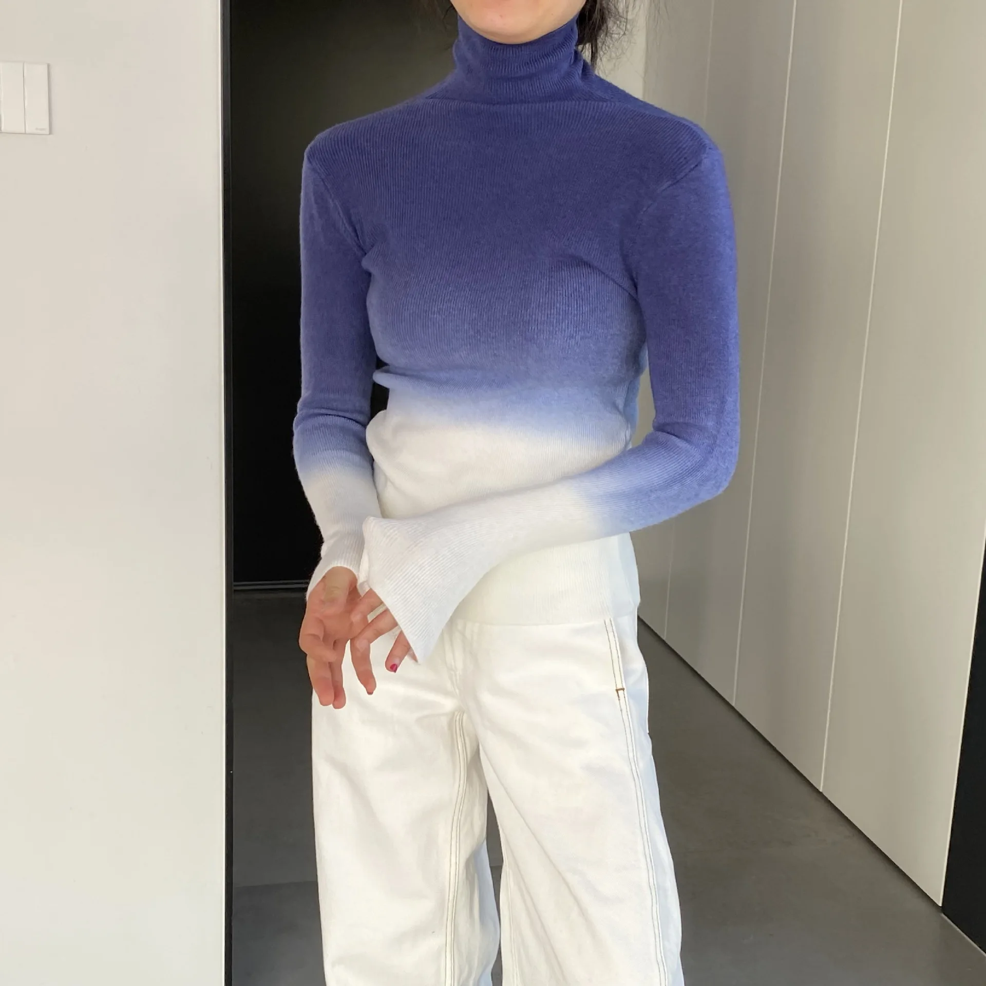 

Autumn and winter women's casual gradient color high necked long sleeved slim fit sweater