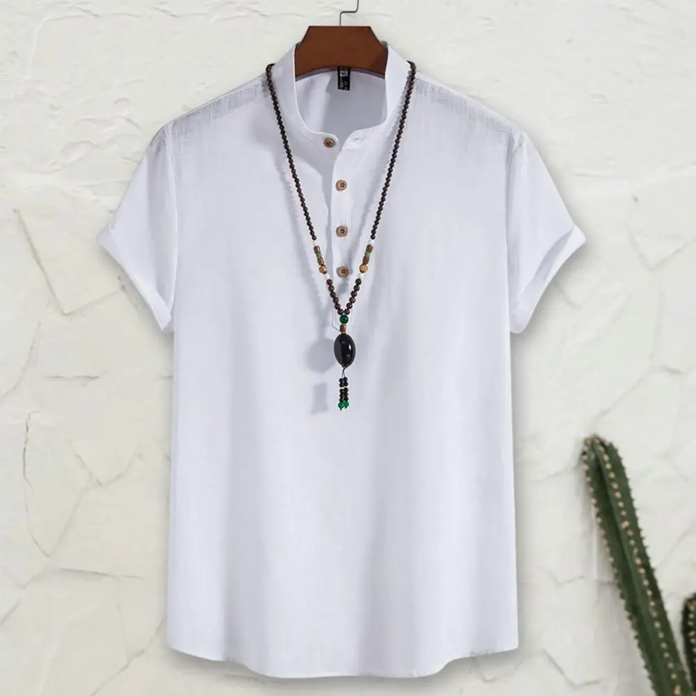 

Loose Fit Cozy Men Top Shirt Summer Leisure Clothes Breathable Summer Shirt Stand Collar Commuter Wear