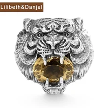 Ring Real 925 Sterling Silver Men Women Zodiac Tiger Mouth With Natural Citrine Vintage Luxury Jewelry 2022 Free Shipping R53