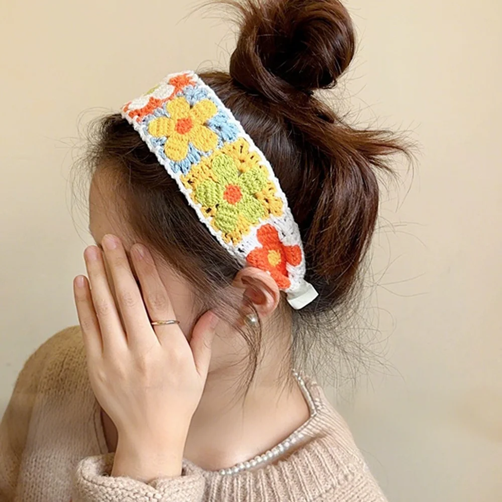 Wide Crochet Hair Hoops Headband Ladies Flower Sweet Headwear Bezel Hair Band Fashion Knitting Hair Accessories Head Hoops