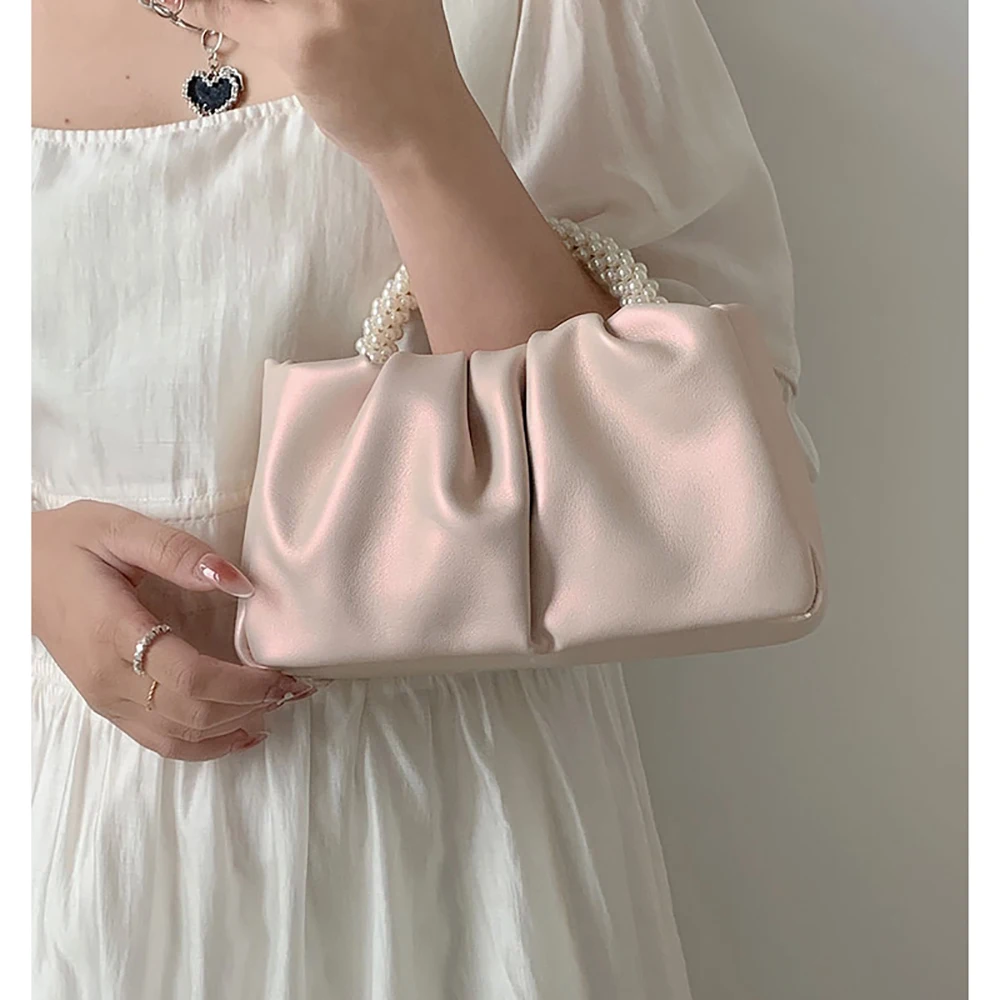 

Light Luxury Handbag Pearlescent PU Pearl Handle Single Shoulder Bag Temperament Pleated Cloud Magnetic Button Crossbody Bag