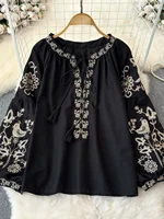 Retro Ethnic Sle Long Sve round Ne Loose irt Women's Doll Top Commute Sle Korean Version Embroidered Faionable - Image 2