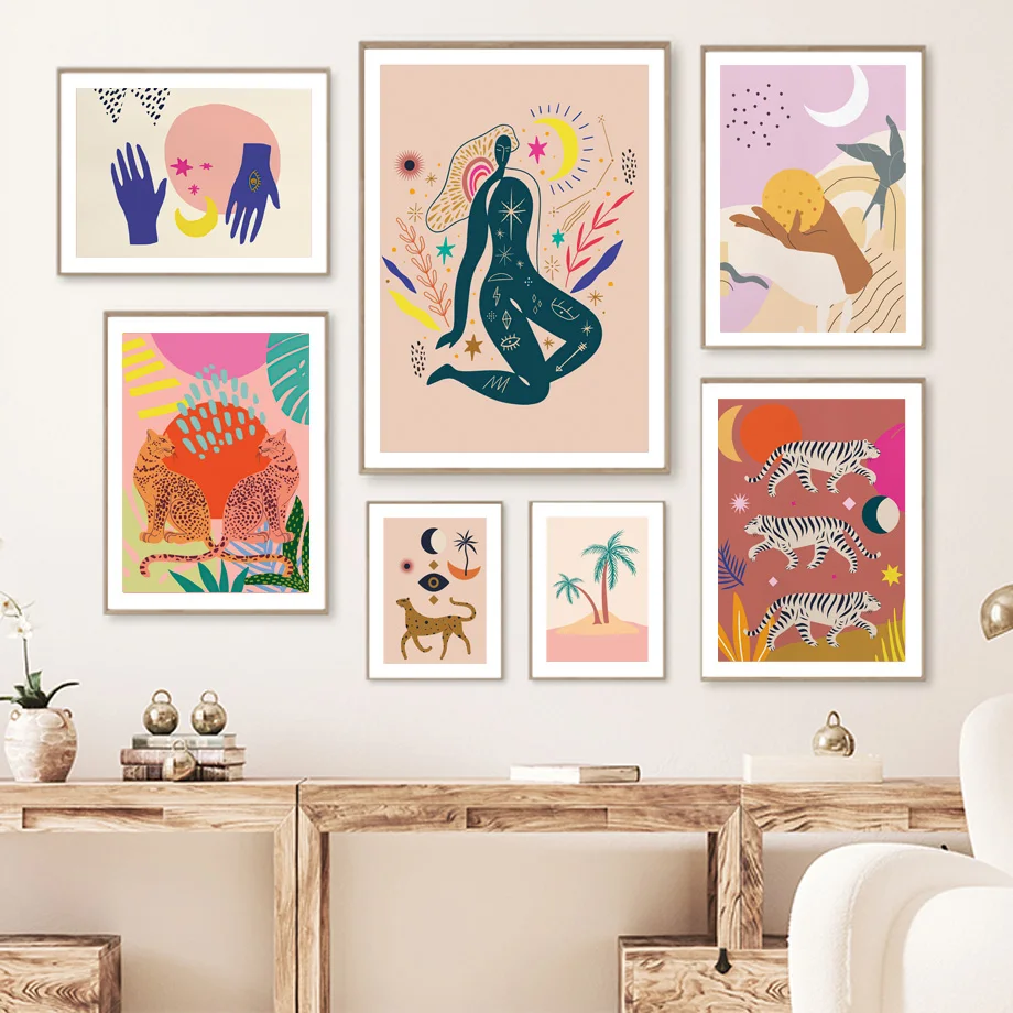 

Minimalist Leopard Sunday Palms Boho Fortune Lady Wall Art Print Canvas Painting Retro Posters Wall Picture Living Room Decor