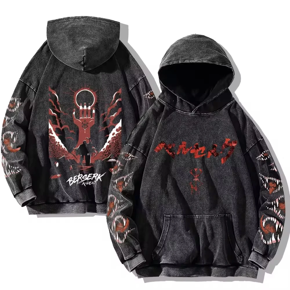 Mens Berserk Hoodies Gothic Print Vintage Washed Hoodie Hip Hop Streetwear Cotton Sweatshirts Harajuku Casual Hooded Pullover 3
