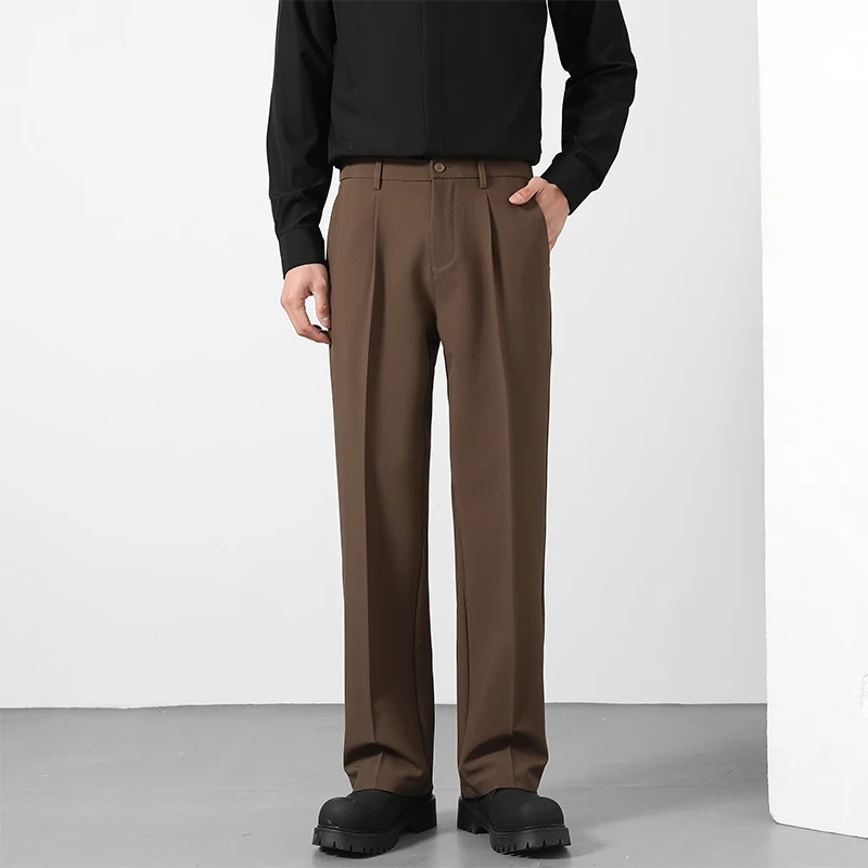 2025, losse pantalon voor heren, klassiek recht, effen kleur, draperen, elastisch, zakelijk, kantoormedewerker, casual broek, bruin, kaki grijs