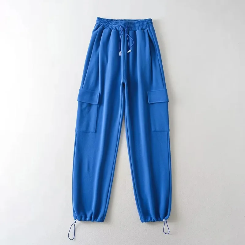 Women Solid Cotton Cargo Jogger Sweatpants With Drawstring Cuff Detail