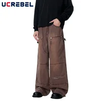 Removable Double Knee Denim Carpenter Pant Mens Retro High Street Straight Wide Leg Washed Distressed Jeans Men 1