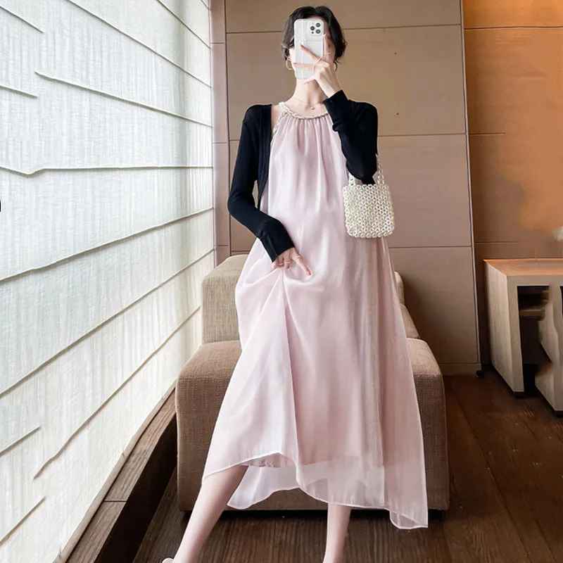 

2Pcs Maternity Dress Set Spring Summer Clothes For Pregnant Women 2024 New Korean Elegant Fashion Pregnancy Shawl & Dresses