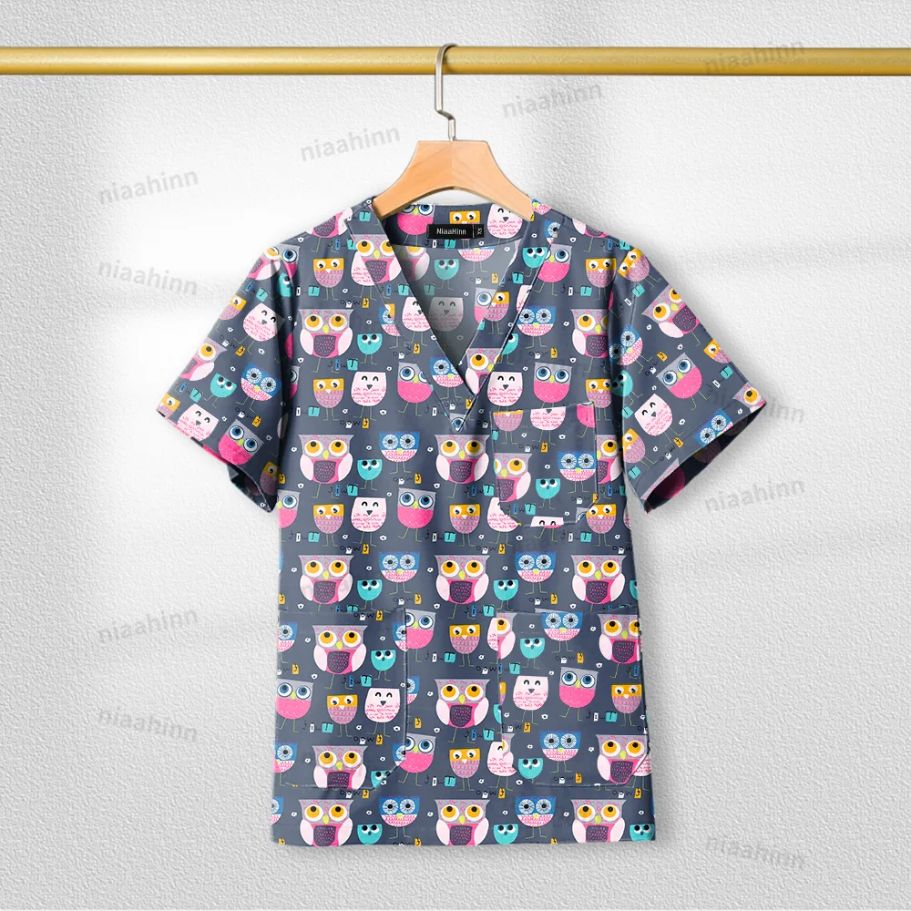 Women's Scrub Tops Printing Short Sleeved Shirts Work Clothes Healthcare Pediatric Nursing Medical Uniform Wholesale Nurse Scrub