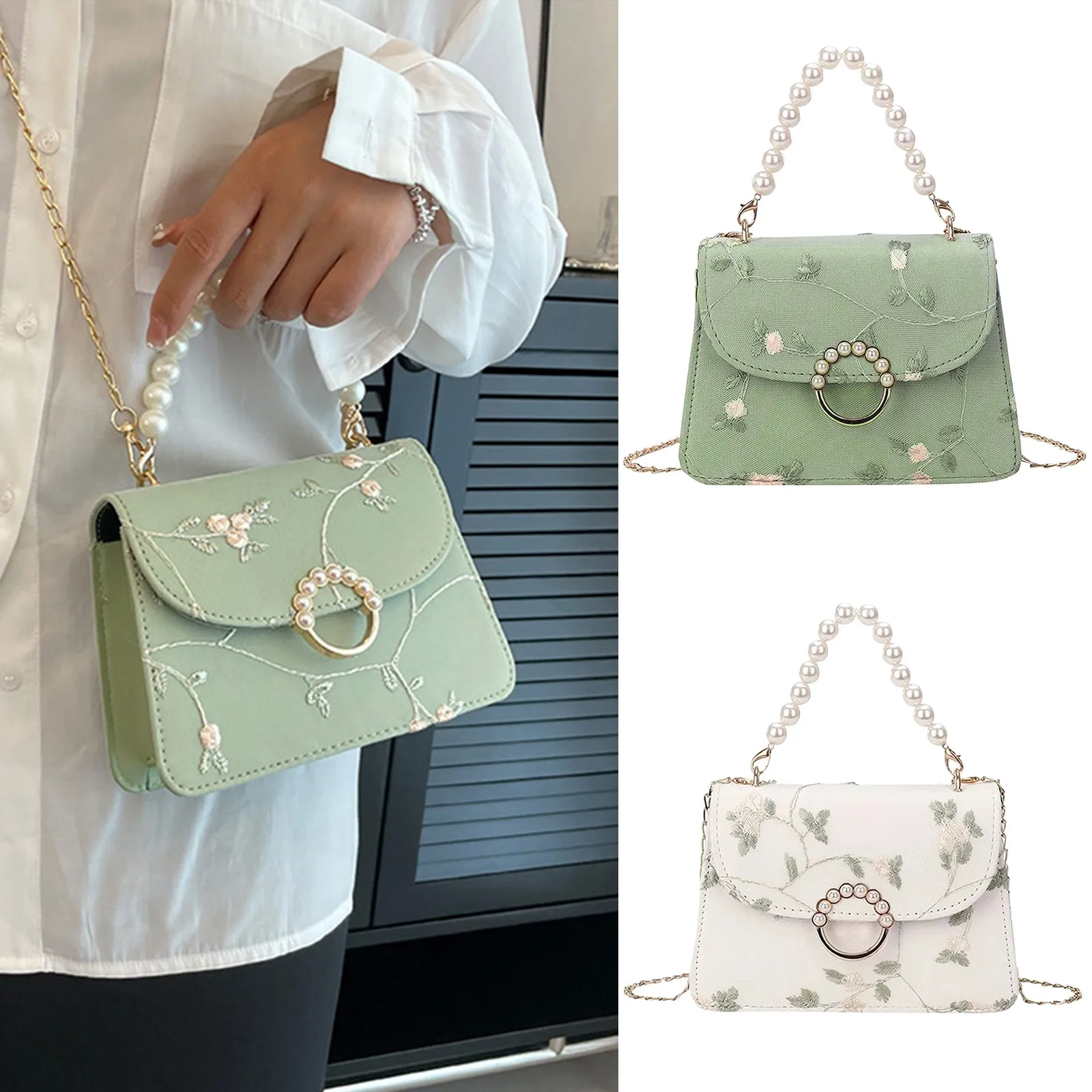 Small square pearl handbag for women, single shoulder chain, non-local lace embroidery, crossbody fashion.