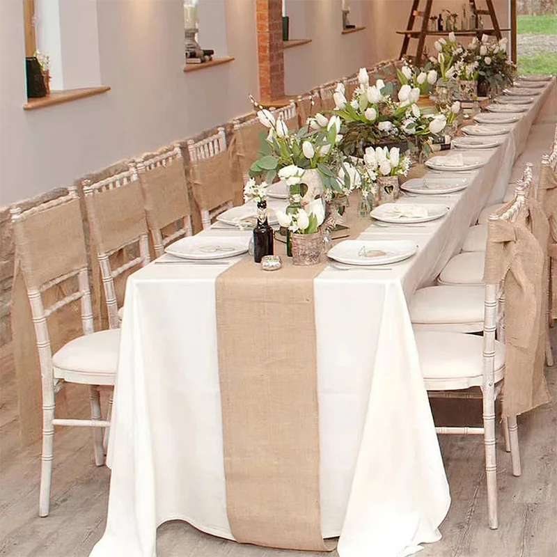 

Multipurpose natural old-fashioned linen chair with jute table flag tie bow for simple wedding decoration
