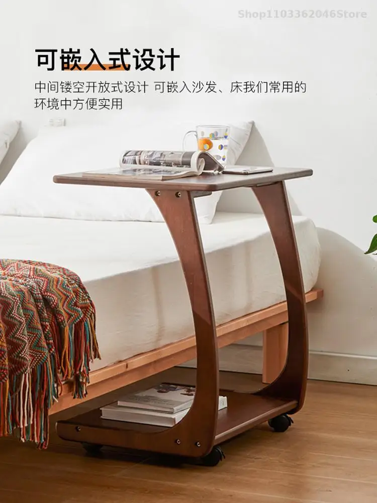 Solid Wood Sofa Side Table Cabinet Movable Table With Wheels Mini Coffee Living Room Small Apartment Household Square
