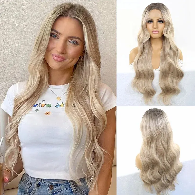 Ombre Ash Blonde Lace Front Wigs Women Wave Wavy Colored 13x3 Dark Roots Glueless Synthetic Wig Daily Use